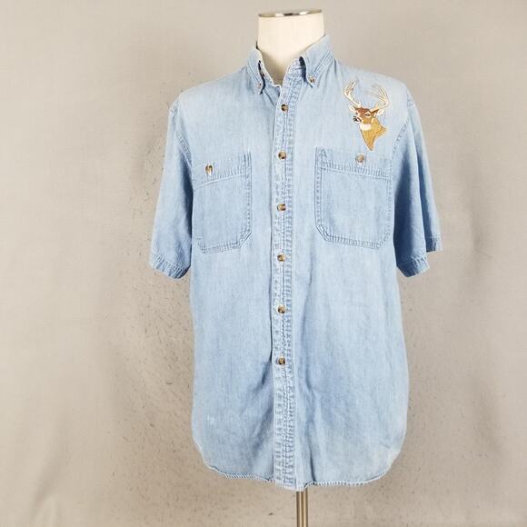 Faded Glory Shirt Mens Large Light Blue Denim Button Down Embroidered Deer Buck - Picture 1 of 16